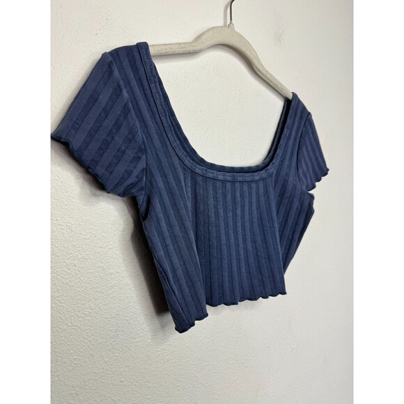 OFFLINE Aerie OG Groove Cropped Tee Size S Blue Ribbed Cap Sleeve Lettuce Trim - Picture 4 of 13